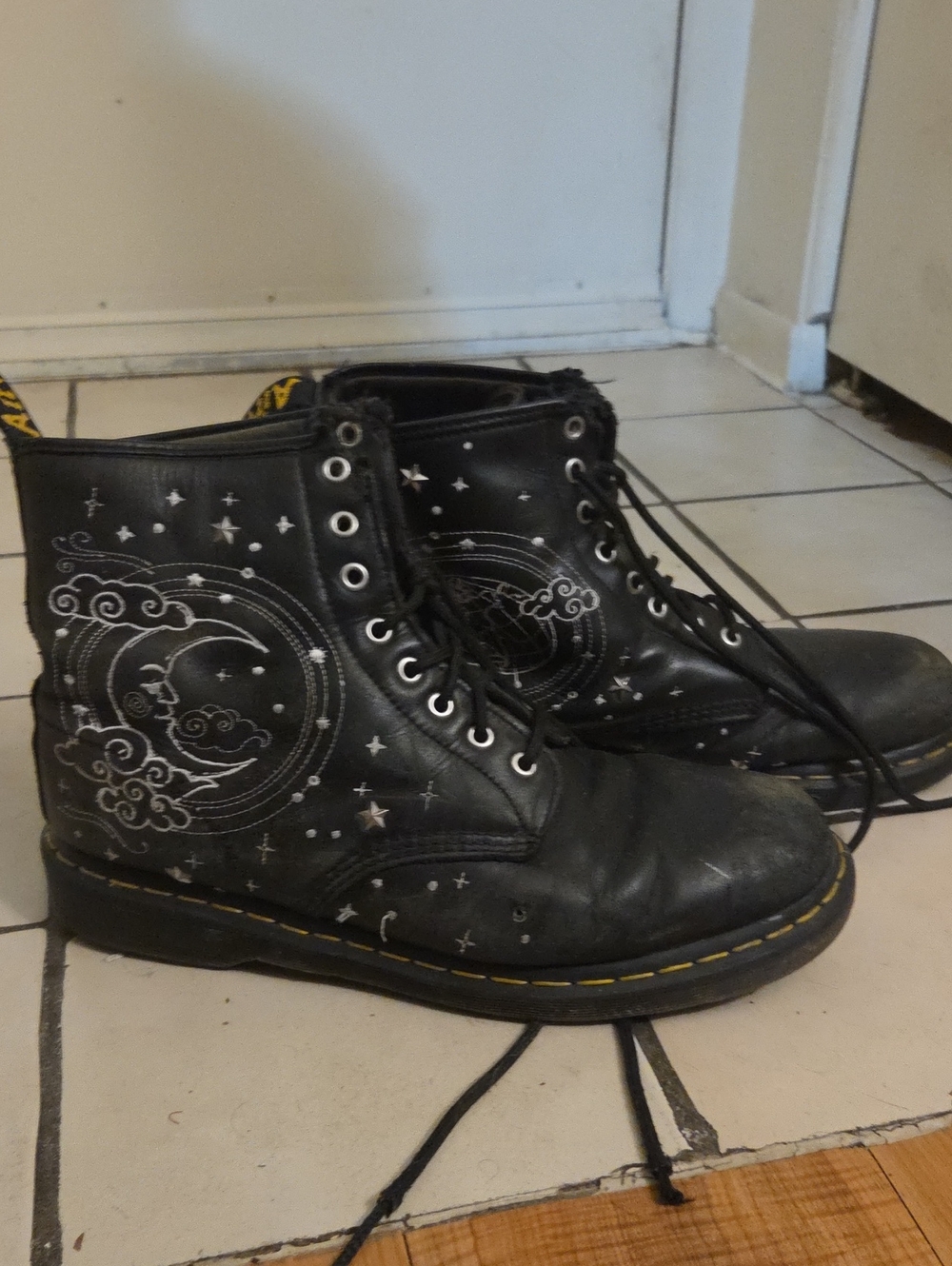 Embroidered Doc Martins-Leather Lace-Up Boots - Sun bleached/damaged/broken In